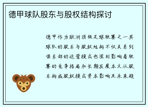 德甲球队股东与股权结构探讨