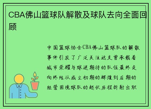 CBA佛山篮球队解散及球队去向全面回顾